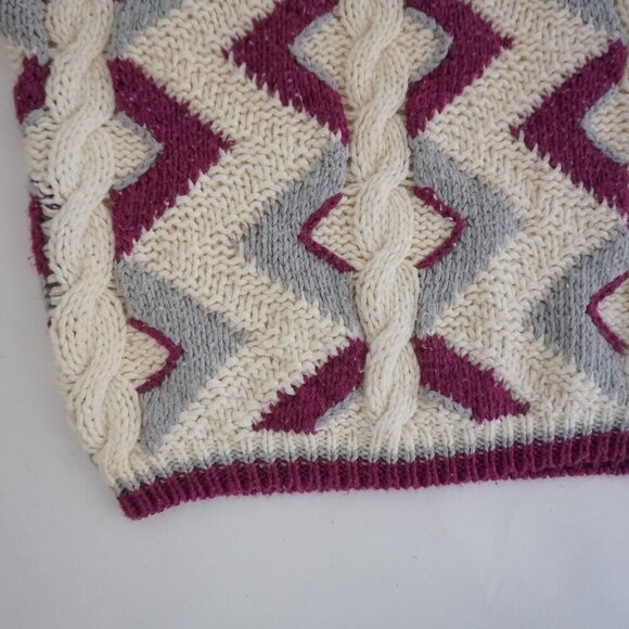Vintage Clovelly Cream w Maroon Geometric Shape Cable Knit Turtleneck Sweater M - Picture 7 of 10